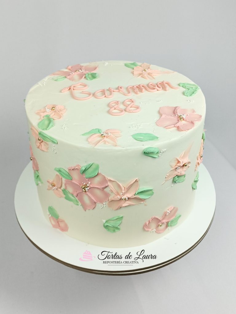 Torta Aesthetic con flores en crema en tonos verde y rosado